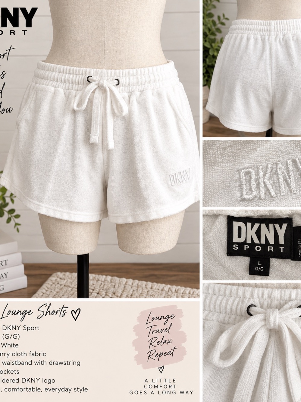 DKNY Sport White Terry Cloth Lounge Shorts – Women’s Size L